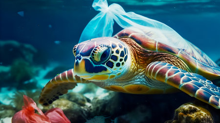 Plastic pollution in ocean problem and Environmental Problem. Hawksbill turtle entangled of plastic bag Floating Up Over dirty Coral reef with garbage and plastic bags. Generative aiの素材