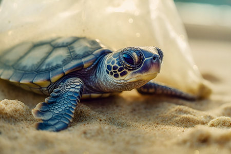 Plastic pollution, plastic bags problem and Environmental Problem. Little turtle entangled of plastic bag on sand beach with garbage and plastic bags. Generative aiの素材