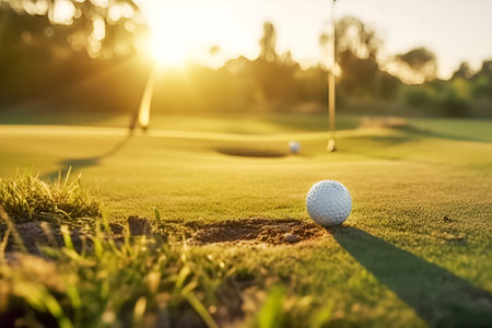 Golf club. Golf ball on green grass on blurred sunset golf course landscape background. Healthy...