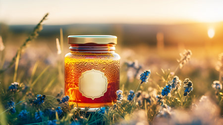 Meadow honey. Glass jar with liquid flower honey on meadow with wildflowers on blurred landscape background. Mockup, front view. Generative aiの素材