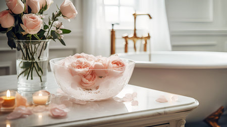 Modern elegant sustainable white bathroom interior with bathtub, bath accessories and tender roses with canles on marble table. Romantic bathroom still life. Relaxing at home concept. Generative AIの写真素材