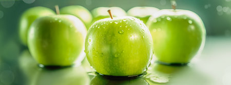 Healthy food banner with close up green apples on green gradient background. Healthy vegan and vegetarian food. Dieting and detox. Harvest and local fruits concept. Banner size. Generative aiの素材