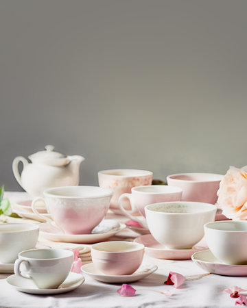 Tea time. A porcelain cups with saucers and tea pot from an English service with freshly brewed tea on linen tablecloth with roses against neutral grey background. Romantic still life. Generative aiの素材