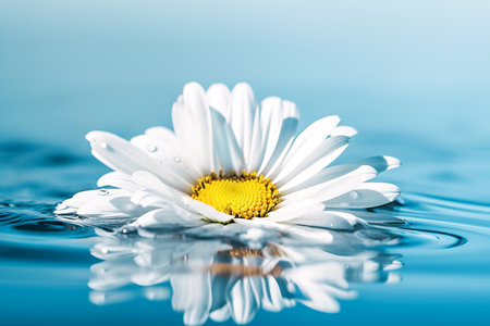 White beautiful daisy on blue water surface with reflection on blue background. Trendy flower background for cosmetic product presentation. Generative aiの素材