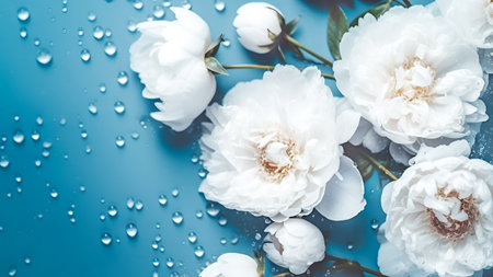 Beautiful white peonies on blue gradient background with water drops. Flowers holiday romantic background suitable for mothers day, woman's day or presentation your product. Copy space. Generative aiの素材