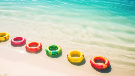 Sea holidays. Seashore with swimming rings on sand beach on beautiful calm blue sea background. Concept of summer vacation, family resting and sea resort. Copy space. Generative aiの素材