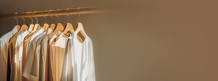Natural cotton and linen clothes on wooden rail in sustainable shop. Eco friendly shop, reuse the clothes, second hand and eco consuming concept. Banner size, copy space. Generative aiの素材