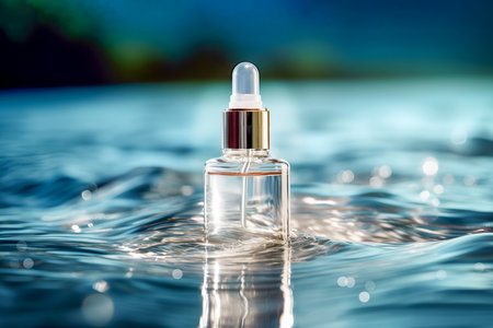 Glass cosmetic dropper bottle with organic moisturizing serum on water surface with waves on blue gradient background. Natural summer beauty product with moisturizing effect. Mockup. Generative aiの素材
