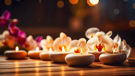 Beautiful asian spa composition with candles and tropical orchids on massage table on blurred wellness center background. Beauty spa treatment and relax concept. Copy space. Generative aiの素材