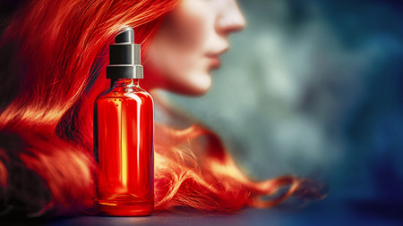 Dropper bottle with oil for healthy hair on blurred background of beautiful woman with wavy hairの素材