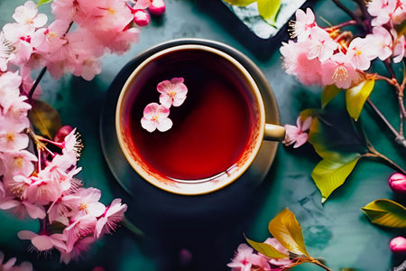 Natural freshly brewed tea with lemon on dark table with sakura blooming branchesの素材