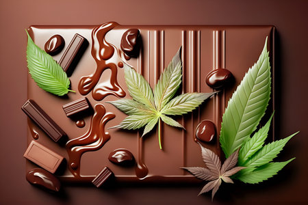 Cannabis chocolate. Chocolate bar with cannabis leaves, pieces of chocolate and drops of liquid chocolate on brown background. Products with cannabis. Healthy natural food. Flat lay. Generative aiの素材