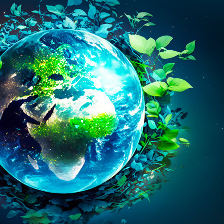 The planet Earth engulfed in green leaves on cosmic space gradient background. Concept design for nature and protection of the Earth. Earth Day. Generative aiの素材