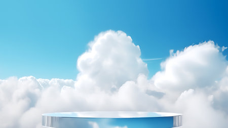 Empty glass podium on beauty cloudy blue sky background. Show case for natural cosmetic products. Concept scene stage for new product, promotion sale and presentation. Front view. Generative aiの素材