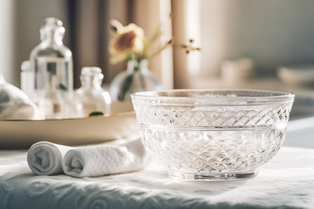 Home beauty treatment. Glass bowl with ice cubes, towels, cosmetics and spa accessories on blurred bathroom interior background. Relaxing at home, morning procedure, skin care concept. Generative AIの写真素材