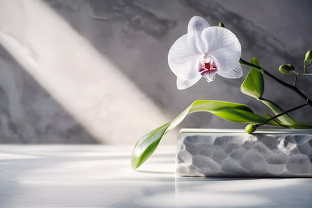 Marble empty table opposite marble wall with orchid flower and window light. Scene stage showcase for beauty and spa products, cosmetics, promotion sale or advertising. Front view. Generative aiの写真素材
