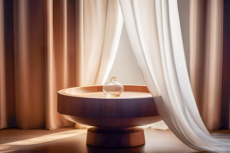 Empty round wooden table with vase for presentation on beauty draped brown textile background. Show case for natural products. Concept scene stage for new product and promotion sale. Generative aiの素材