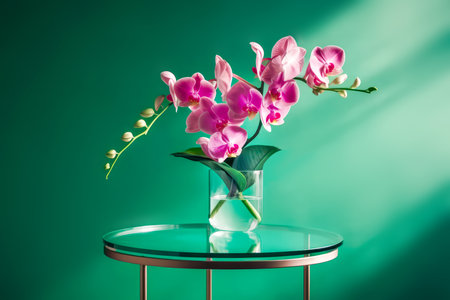 Pink orchids in glass vase on empty glass table opposite green wall. Show case for natural cosmetic products. Concept scene stage for new product, promotion sale and presentation. Generative aiの素材