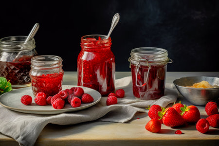 Natural homemade strawberry and raspberry preserves or jams in a glass jars on a wooden table with a linen napkin and berries. Healthy food. Fermenting or preserving food. Generative aiの素材