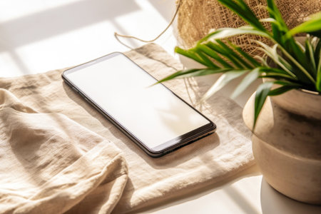 Blank mobile mockup screen on beige linen tablecloth on white table. Mobile phone with copy space for advertising, business, social media and blog, home office desk. Template. Generative aiの素材