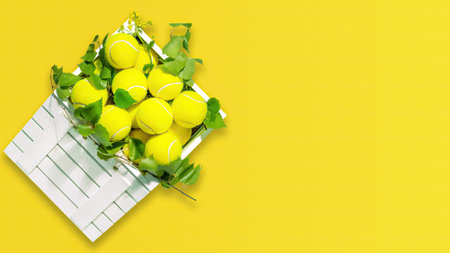 Tennis composition with tennis balls in white wooden boxes on yellow background. Summer tennis competition. Concept of Healthy sport. Flat lay, copy space
