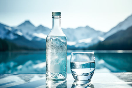 Bottle and glass of pouring crystal water against blurred nature snow mountain landscape background. Organic pure natural water. Healthy refreshing drink. Template. Generative aiの素材