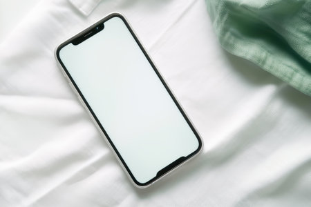 Blank mobile mockup screen on white linen tablecloth with green napkin. Mobile phone with copy space for advertising, business, social media and blog, home office desk. Template. Generative aiの素材