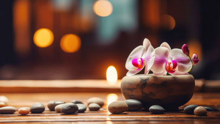 Spa composition with burning candles, orchid, massage stones and copy spaceの素材