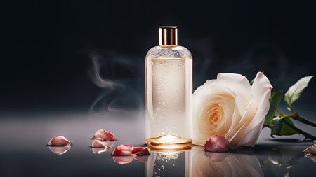 Spa relax composition with cosmetic bottle with lotion, shampoo or body cream and rose on dark background. Skin care treatment. Mock up of beauty product based on roses. Copy space. Generative aiの素材