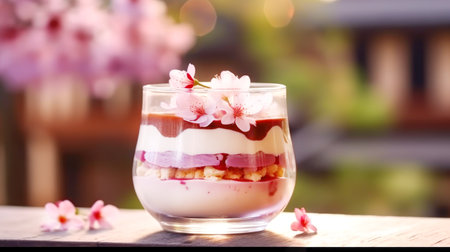 Cherry tiramisu with edible sakura flowers on blurred blossom sakura garden backgroundの写真素材