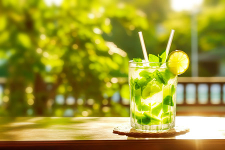 Citrus lemonade with lemon, mint and ice cubes in glass on wooden table on blurred garden backgroundの写真素材