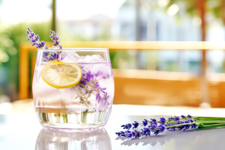 Lavender lemonade with lavender flowers, lemon and ice cubes on blurred restaurant interior backgroundの写真素材
