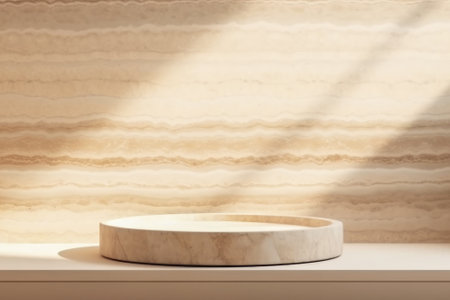 Round travertine empty piedistal on blurred sustainable bathroom interior background with window light. Scene stage showcase for beauty and spa products, cosmetics, promotion sale or advertisingの写真素材