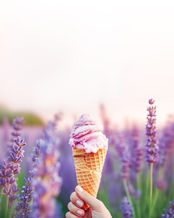Delicious lavender ice cream. Female hand holding natural lavender ice cream in wafer cone on blurred lavender field background. Trendy healthy dessert. FoodTok trend. Vertical format, copy spaceの素材