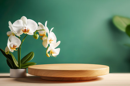 Empty round wooden podium for presentation on with white orchids opposite green wall. Show case for natural products. Concept scene stage for montage your products. Generative aiの素材