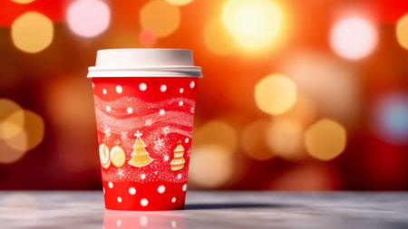 Red disposable paper cup for take away drinks with Christmas pattern on blurred backgroundの素材
