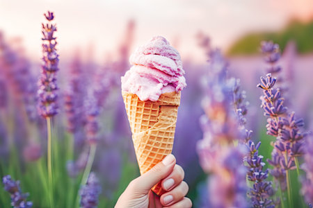 Female hand holding natural lavender ice cream in wafer cone on blurred lavender field backgroundの素材