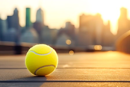 Tennis card with close up yellow tennis ball on blurred sunset New York cityscape backgroundの素材