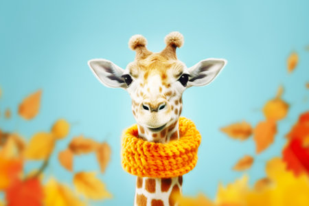 Fall season card with cute giraffe in knitted scarf on light blue background with yellow autumn leaves. Autumn character. Flu season. Funny zoo photo. Generative aiの素材