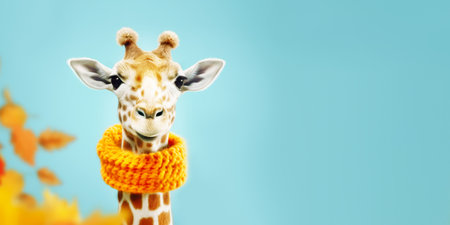 Fall season banner with cute giraffe in knitted scarf on light blue background with yellow autumn leaves. Autumn character. Flu season. Funny zoo photo. Copy space, banner size. Generative aiの素材
