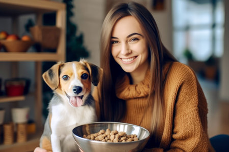 Loving smiling pretty young woman feeding cute dog with a dry food at cozy home. Healthy nutrition full of vitamins and minerals dog food. Caring for petsの素材