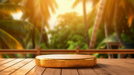 Empty round wooden podium on wooden table opposite tropical spa resort background with palm trees. Scene stage showcase for beauty and spa products, cosmetics, promotion sale or advertising. Generative aiの素材