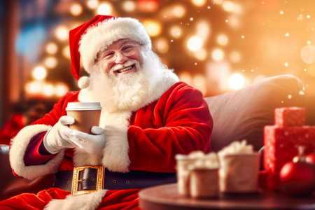 Christmas card. Cute smiling Santa Claus resting with cup of hot coffee in christmas holiday decoration cafe. Happy New Year and Merry Christmas concept. Copy spaceの素材