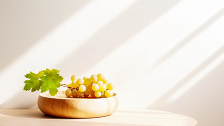 Empty round podium with green grape vine white table opposite white wall. Template for advertising wine or grapes products. Wine background for presentation of your products. Generative aiの素材