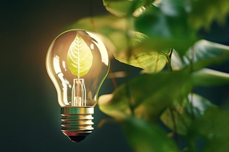 Ecology, save energy and sustainability concept. Light bulb with green leaves on dark green background. Sustainable energy development. Generation aiの素材