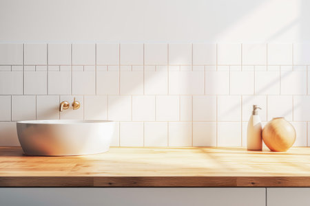 Empty wooden bath table for montage of your products opposite white tile wall in sustainable bathroom interior with accessories. Concept scene stage for montage product and promotional. Generative AIの素材