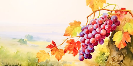 Watercolor illustration of red grape vine on blurred rural vineyard landscape. Fresh local grapes. Fruit farm. Concept of a rich harvest. Grapes for production of red wine. Copy space. Generative aiの素材