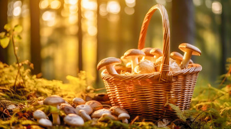 Edible mushrooms in basket on blurred autumn forest background. Local travel. Picking mushrooms. Freedom, hello autumn and sustainable food concept. Generative aiの素材
