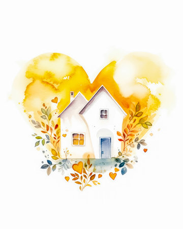 Watercolor composition with cozy small house with flowers in heart on white background. Love nest, love relationships. Buying house with young family. Affordable housing. Generative aiの素材