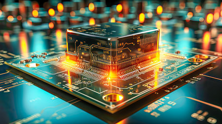 Abstract technology chip processor background circuit board and html code. Computer hardware technology. Motherboard with central processor chip with beautiful lightening. Generative aiの素材